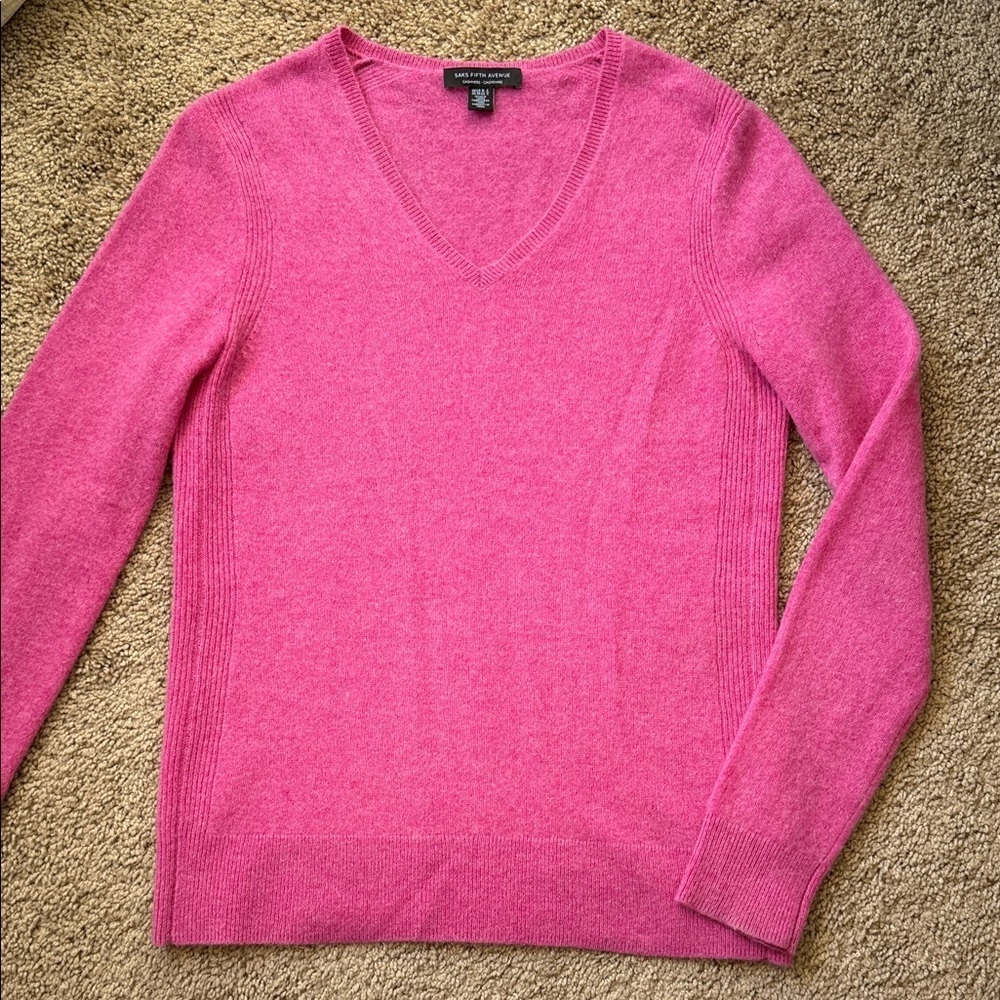 Saks Fifth Avenue Bright Pink V Neck 100% Cashmere Long Sleeve Sweater